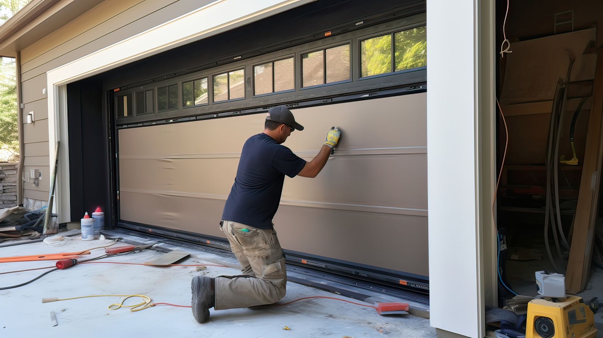 A worker in a dark shirt and tan pants kneels while installing or repairing a large, brown sectional garage door.