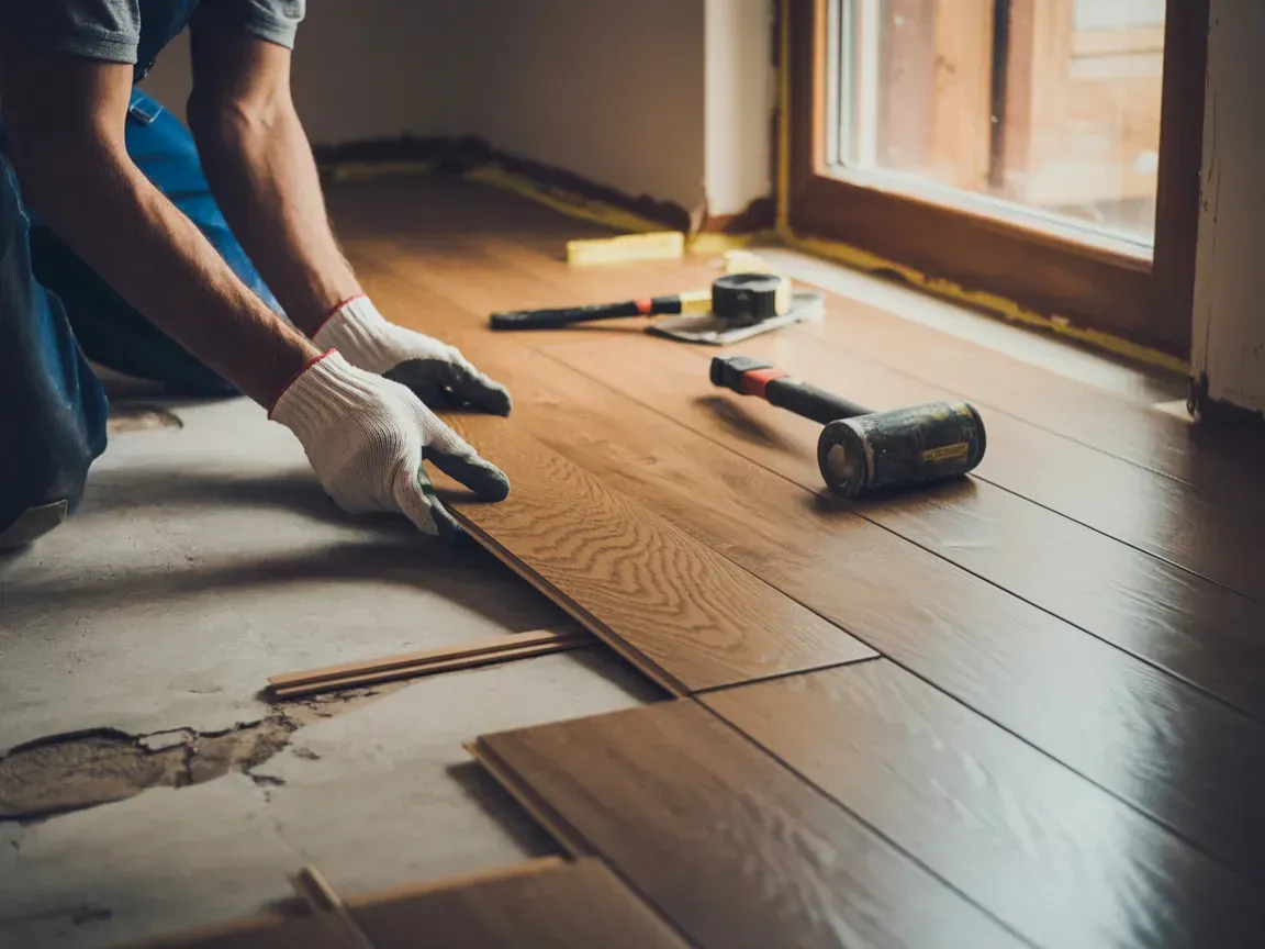 Worker laying wood floor planks near a window, with tools on the floor