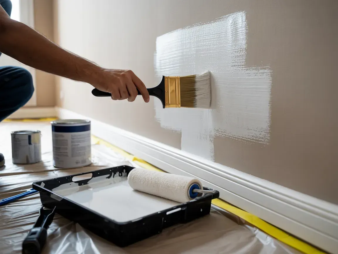 Painting a white wall with a brush beside a tray, rollers, and paint cans