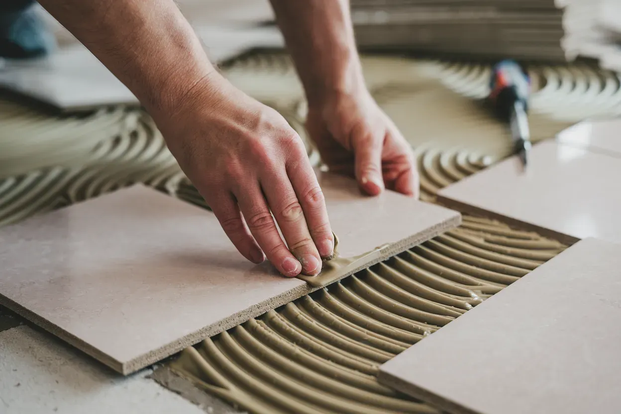 A person is laying a tile on the floor.