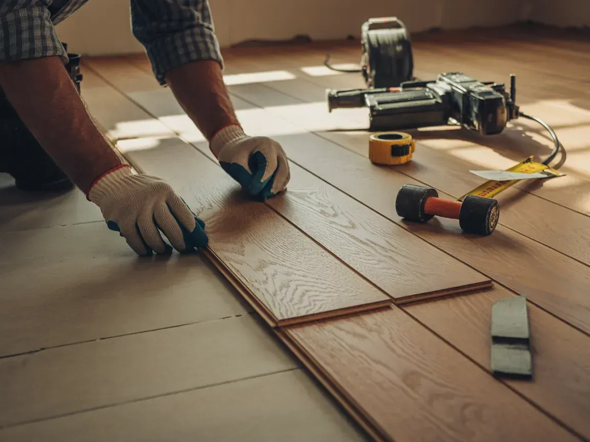 Person installing wood floor planks with tools on a wooden floor surface