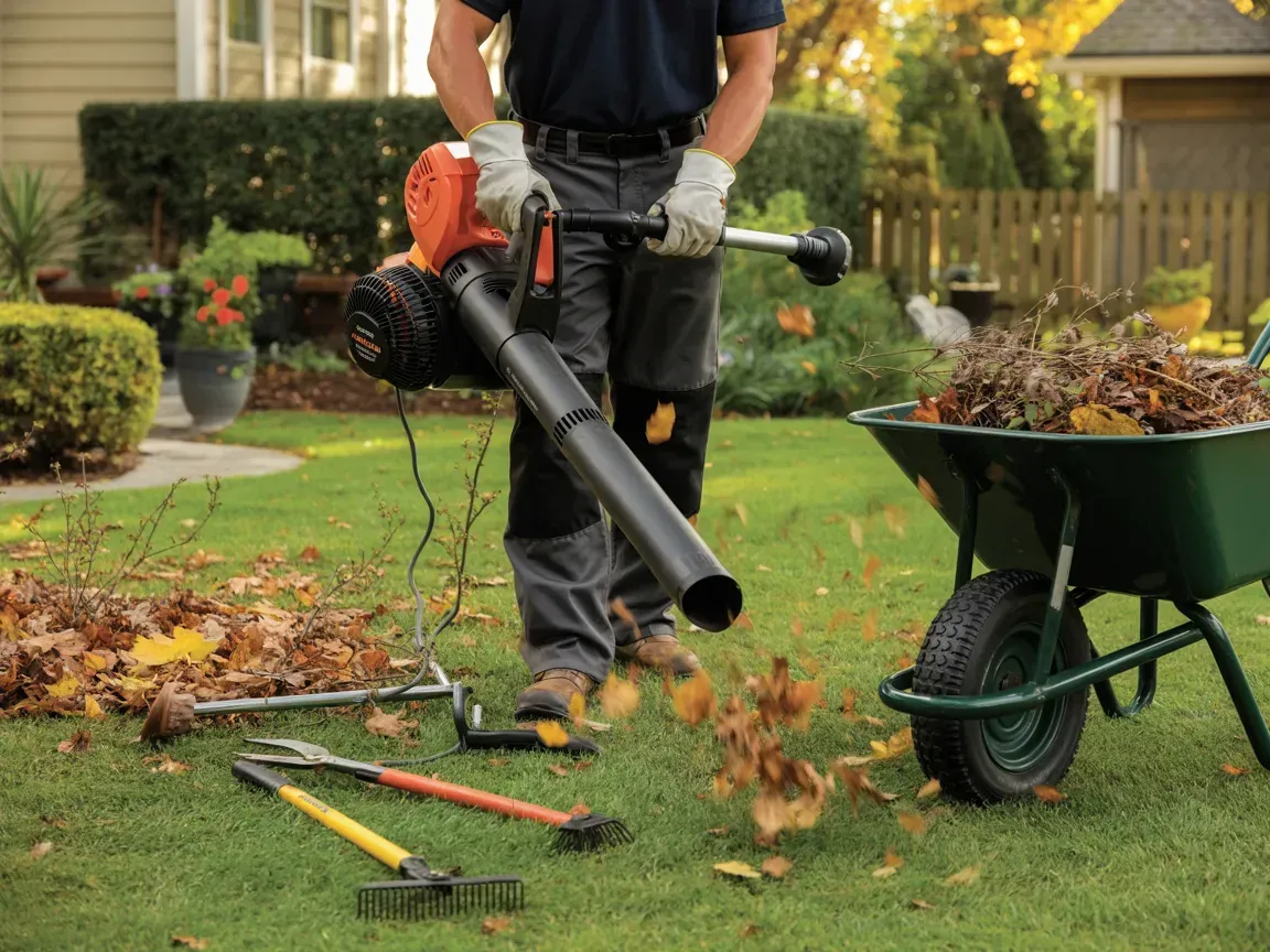 Person using a leaf blower and rake to clear leaves on a lawn near a wheelbarrow.