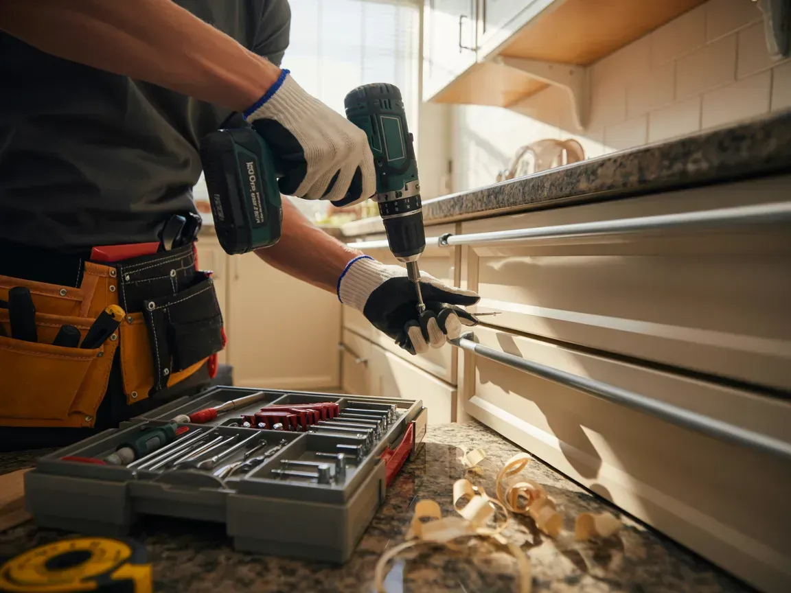 A man is using a drill to drill a hole in a piece of wood.