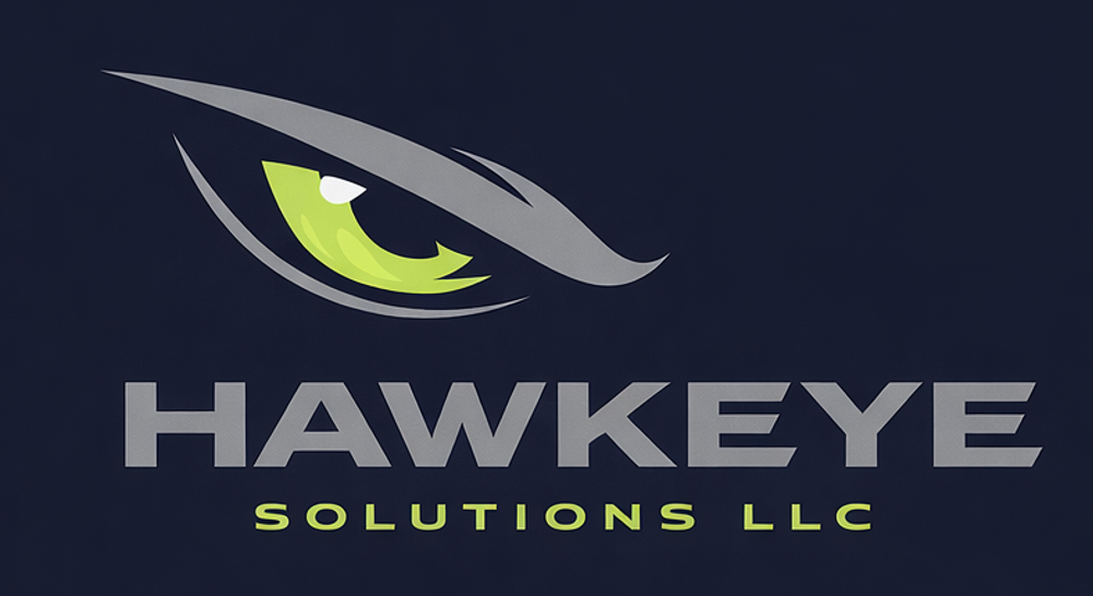 HAWKEYE Solutions LLC logo with a stylized green eye on a dark background