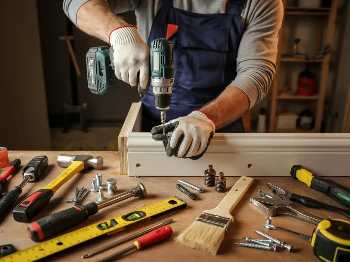 Person drilling a wooden box at a workbench with tools scattered around