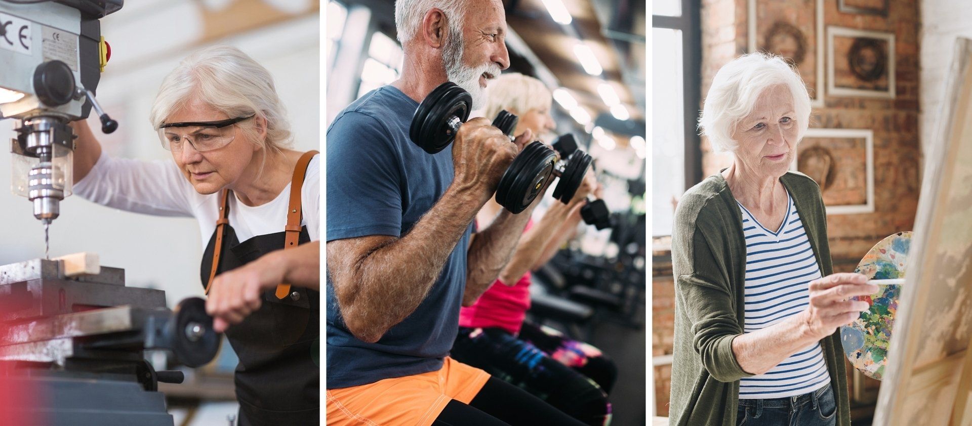 A woman working with wood, a man lifting weights and a woman painting