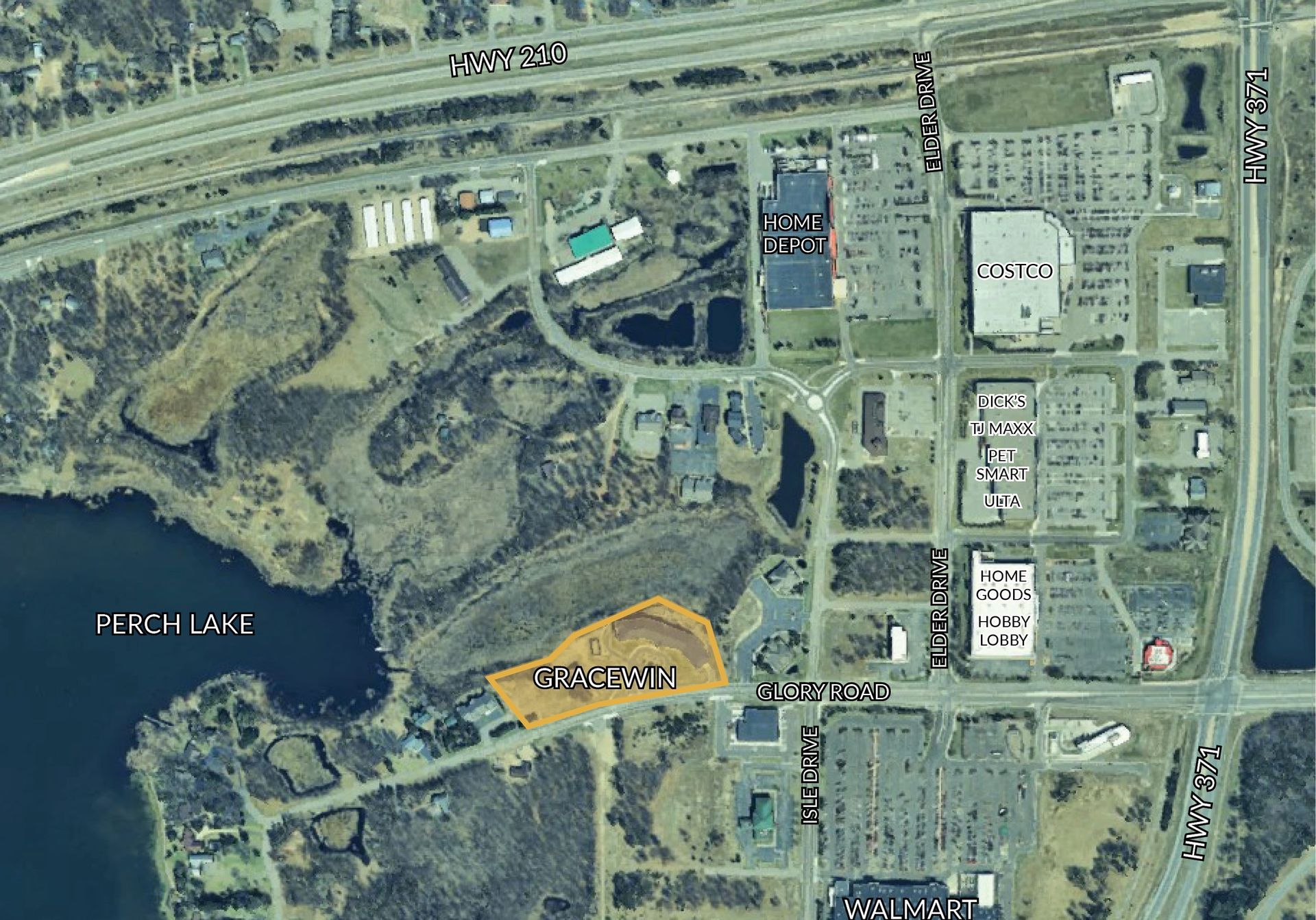 An aerial view of Gracewin's location, in close proximity to a lake and shopping areas