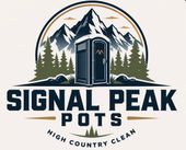 Signal Peak Pots logo with mountain, pine trees, and a portable toilet; “High Country Clean” text