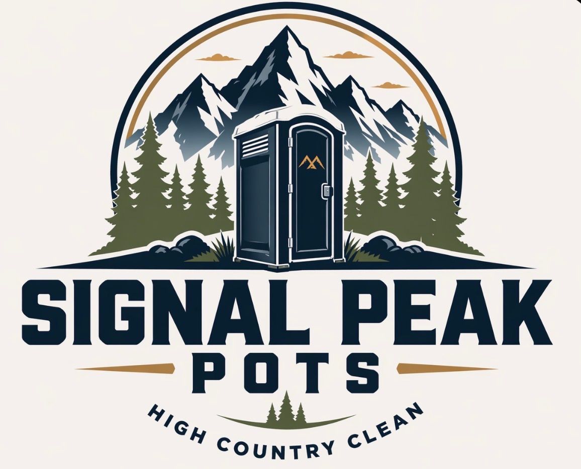 Signal Peak Pots logo with mountain, pine trees, and a portable toilet; “High Country Clean” text