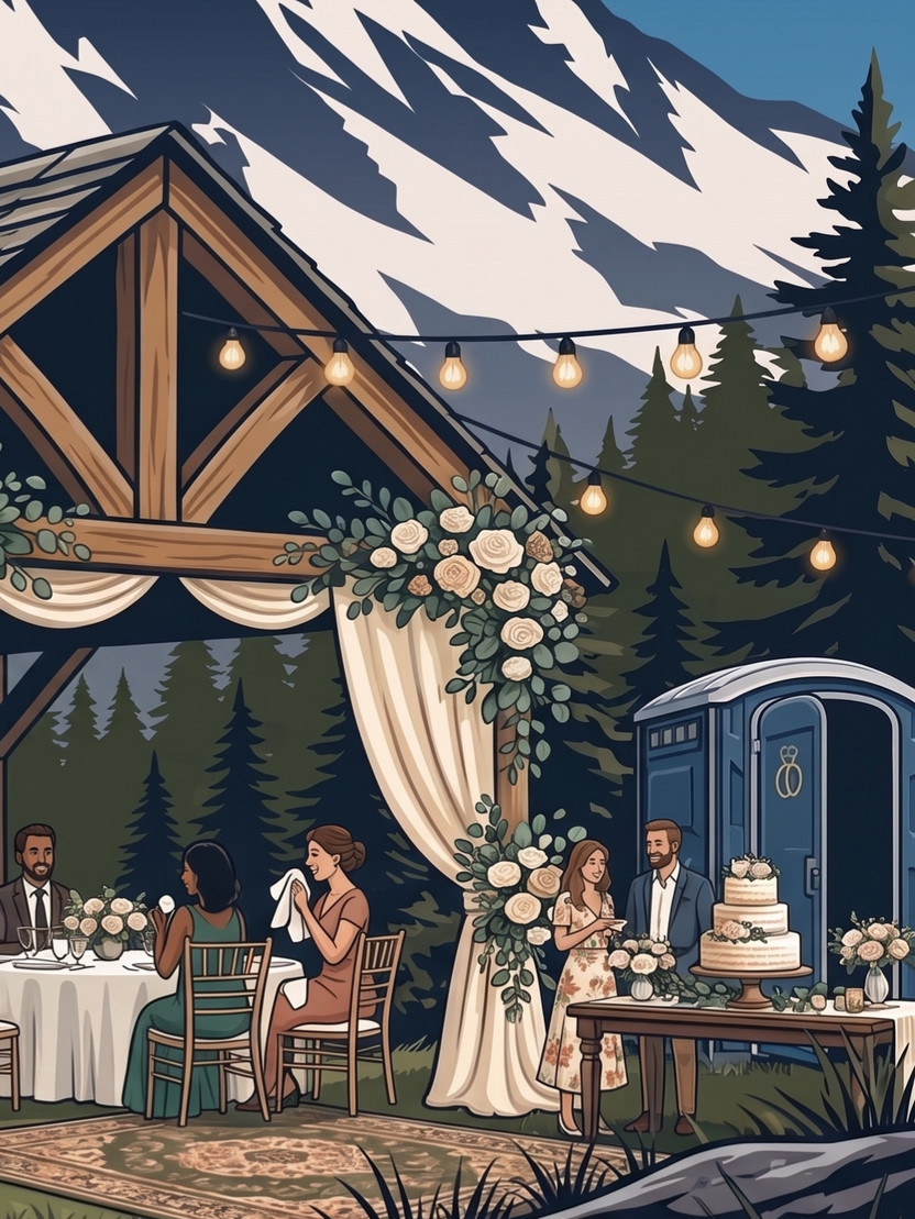 Rustic outdoor wedding reception under string lights with floral arch, table settings, and mountain backdrop