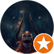 A picture of a demon with horns in a circle with an orange star.