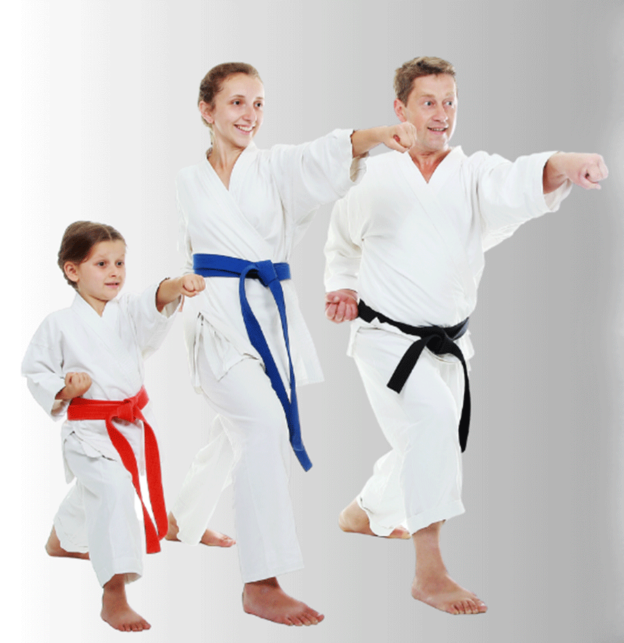 A man a woman and a child are practicing karate