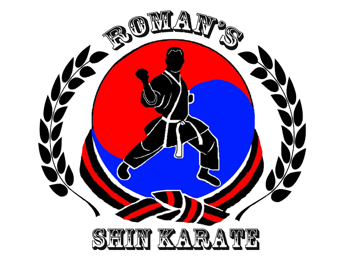 A logo for roman 's shin karate with a man in a karate uniform.