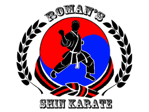 A logo for roman 's shin karate with a man in a karate uniform.