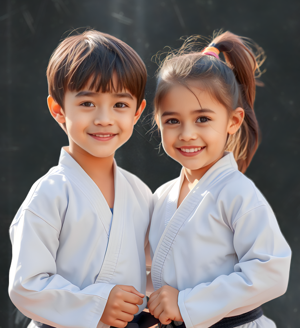 A group of young children are practicing karate together.