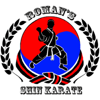 A logo for roman 's shin karate with a man in a karate uniform.