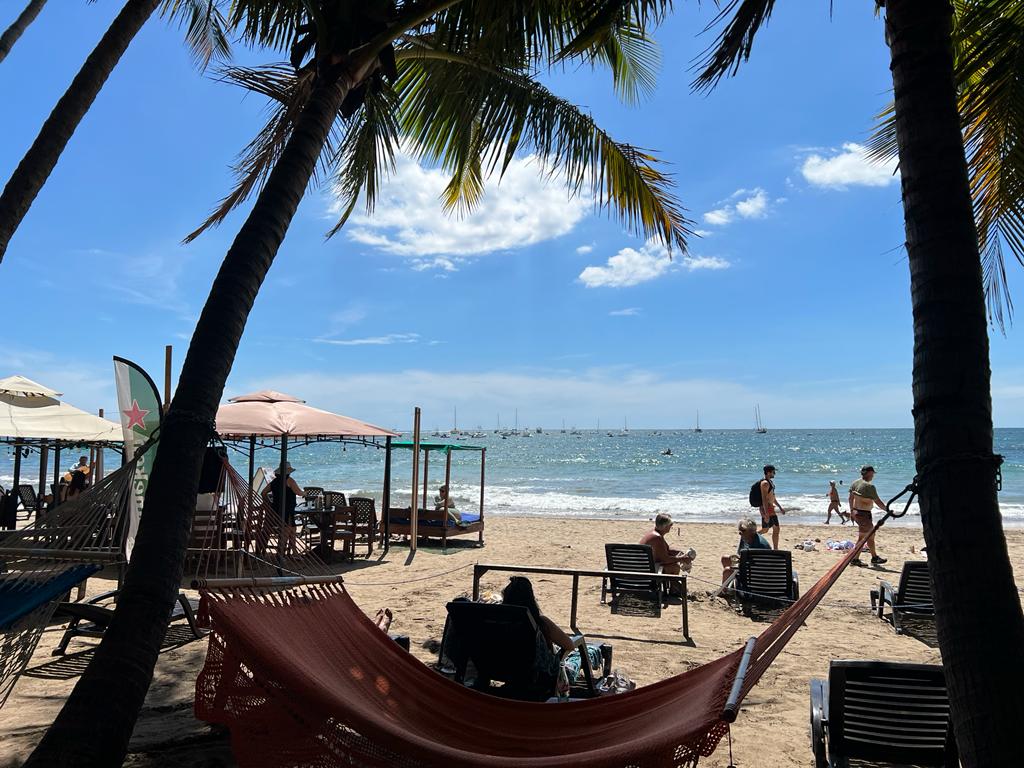 A sunny beach scene featuring a hammock, lounge chairs, umbrellas, and palm trees under a bright blue sky with people.