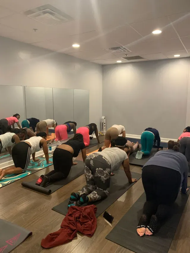 A group of people kneeling on yoga mats in a bright studio, participating in a fitness class.
