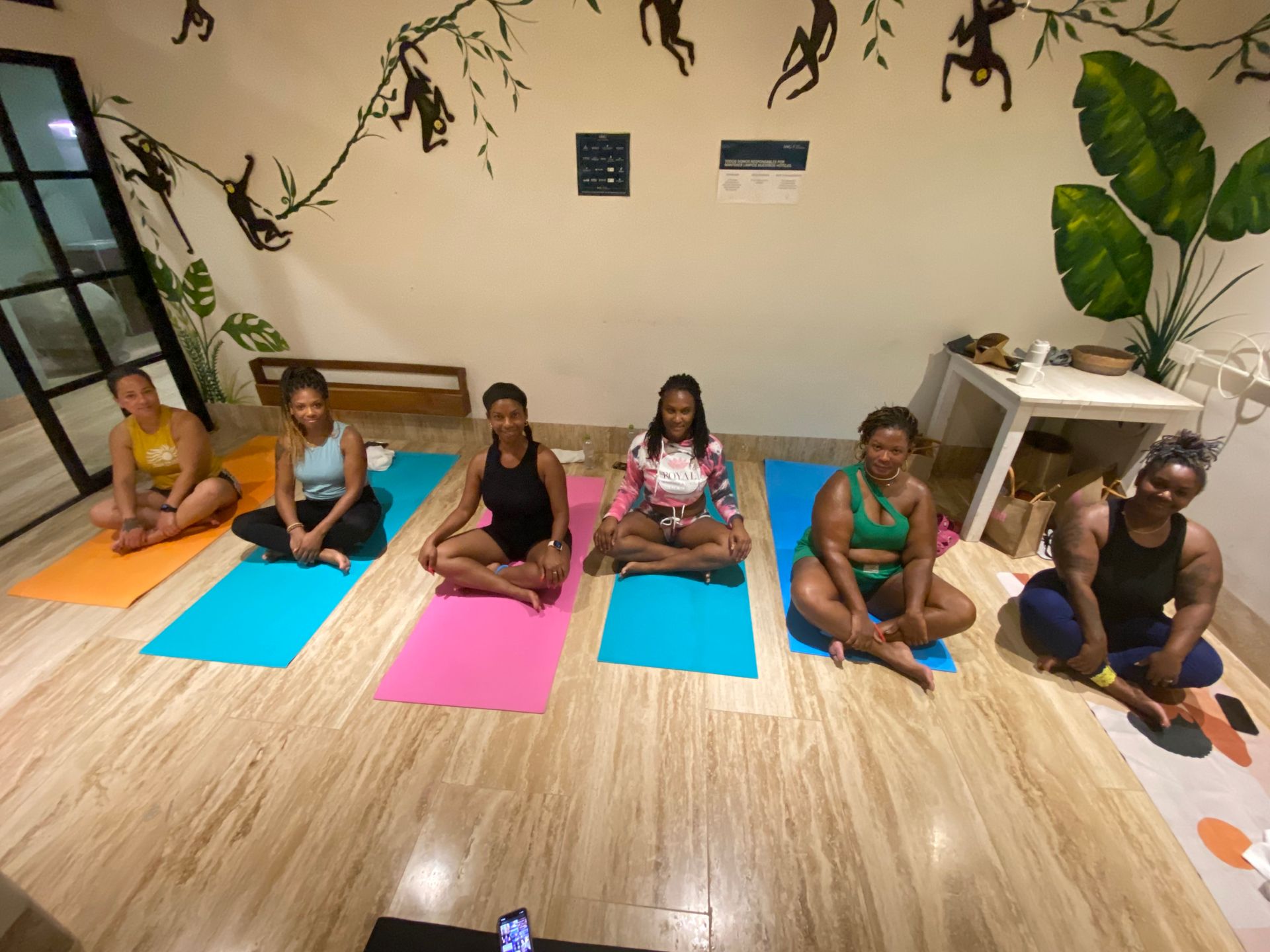 Six people sit cross-legged on colorful yoga mats arranged in a row in a room with a mural of monkeys on the wall.