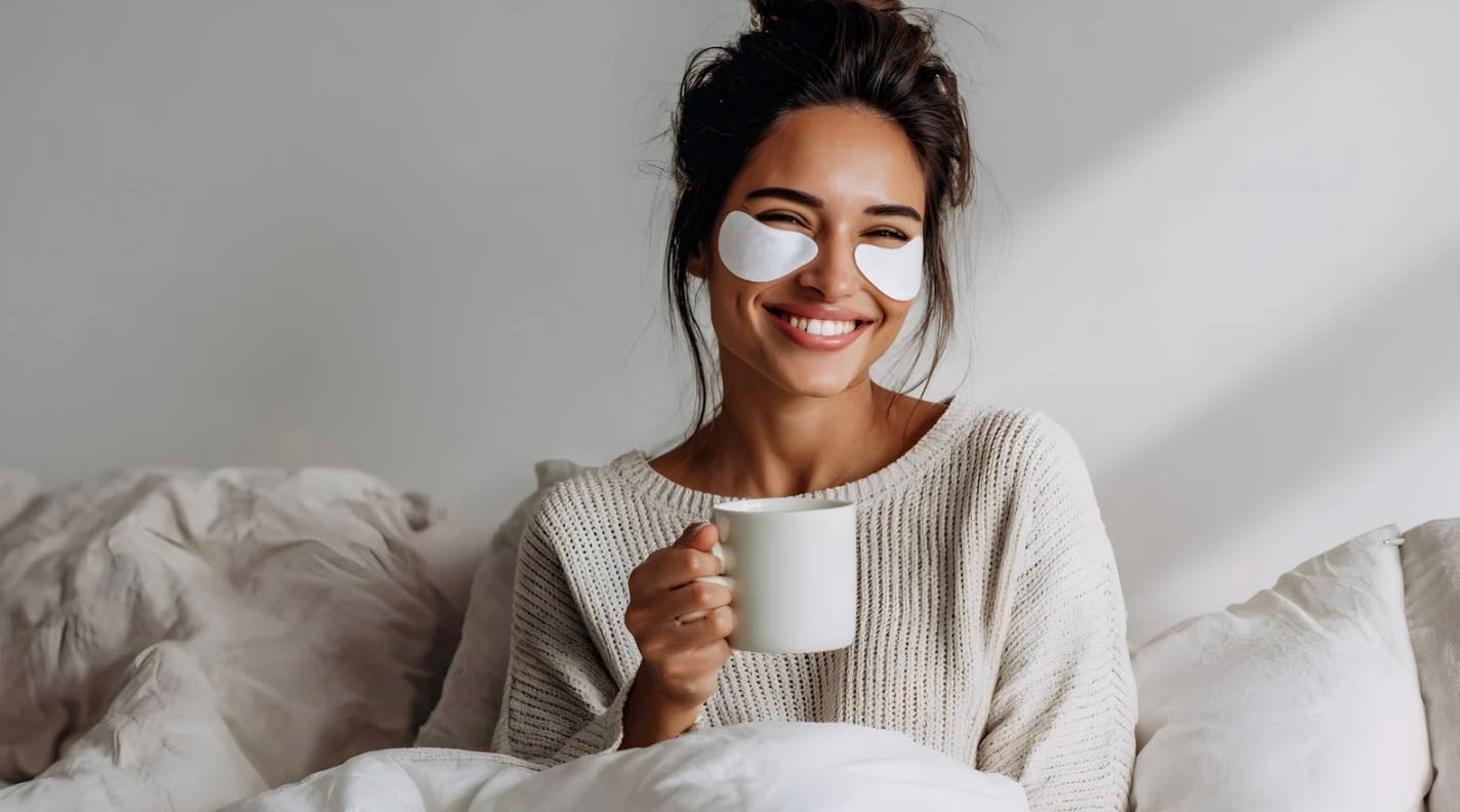 A person wearing under-eye patches smiles while holding a white mug in bed.
