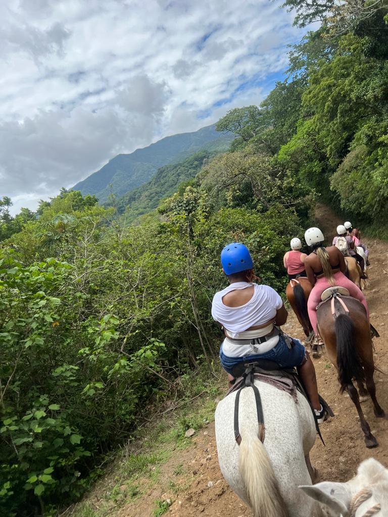 A group of people wearing helmets ride horses along a dirt trail through a lush, green mountain landscape.