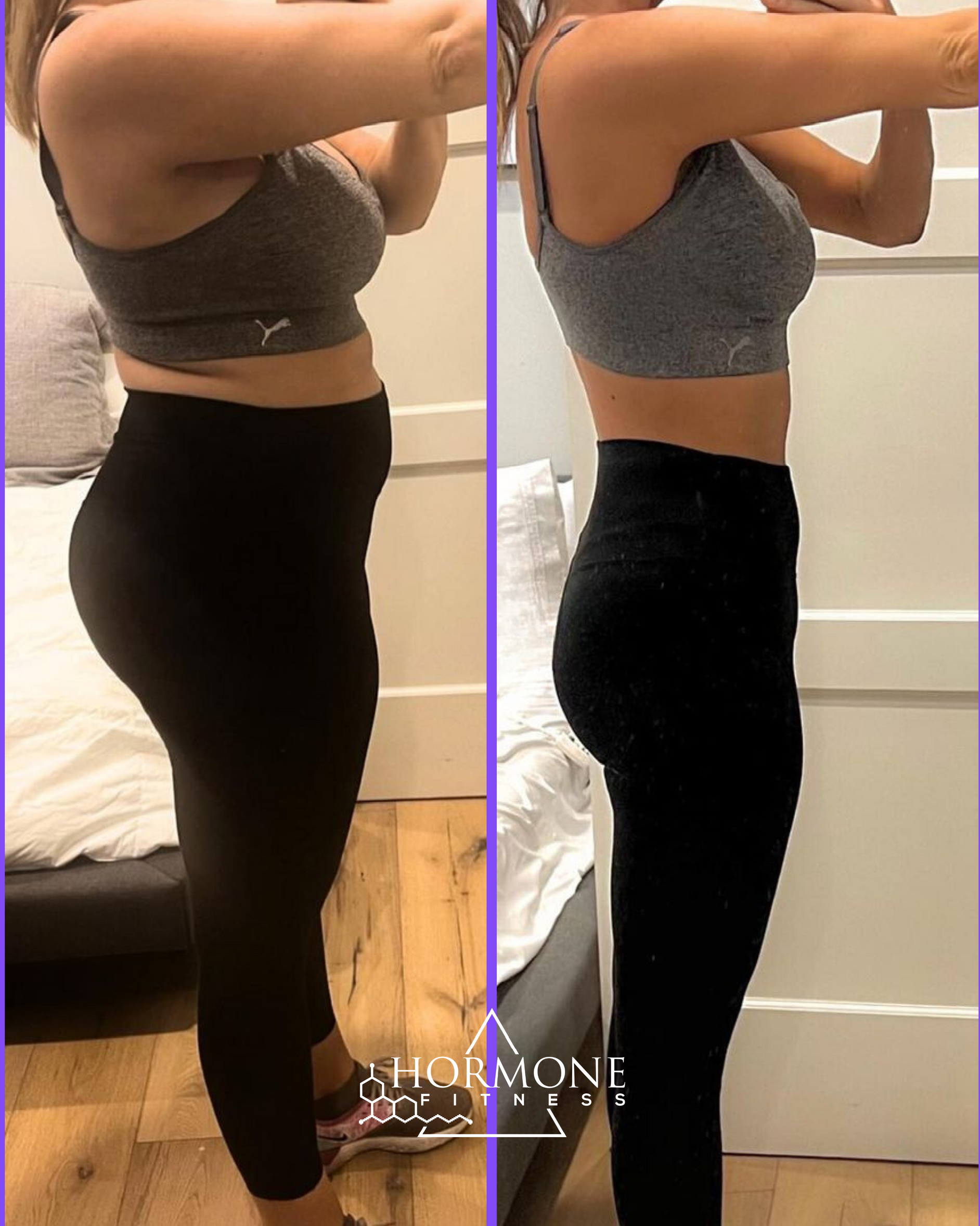 A before and after weight loss transformation from a side angle of a woman 's lower body 