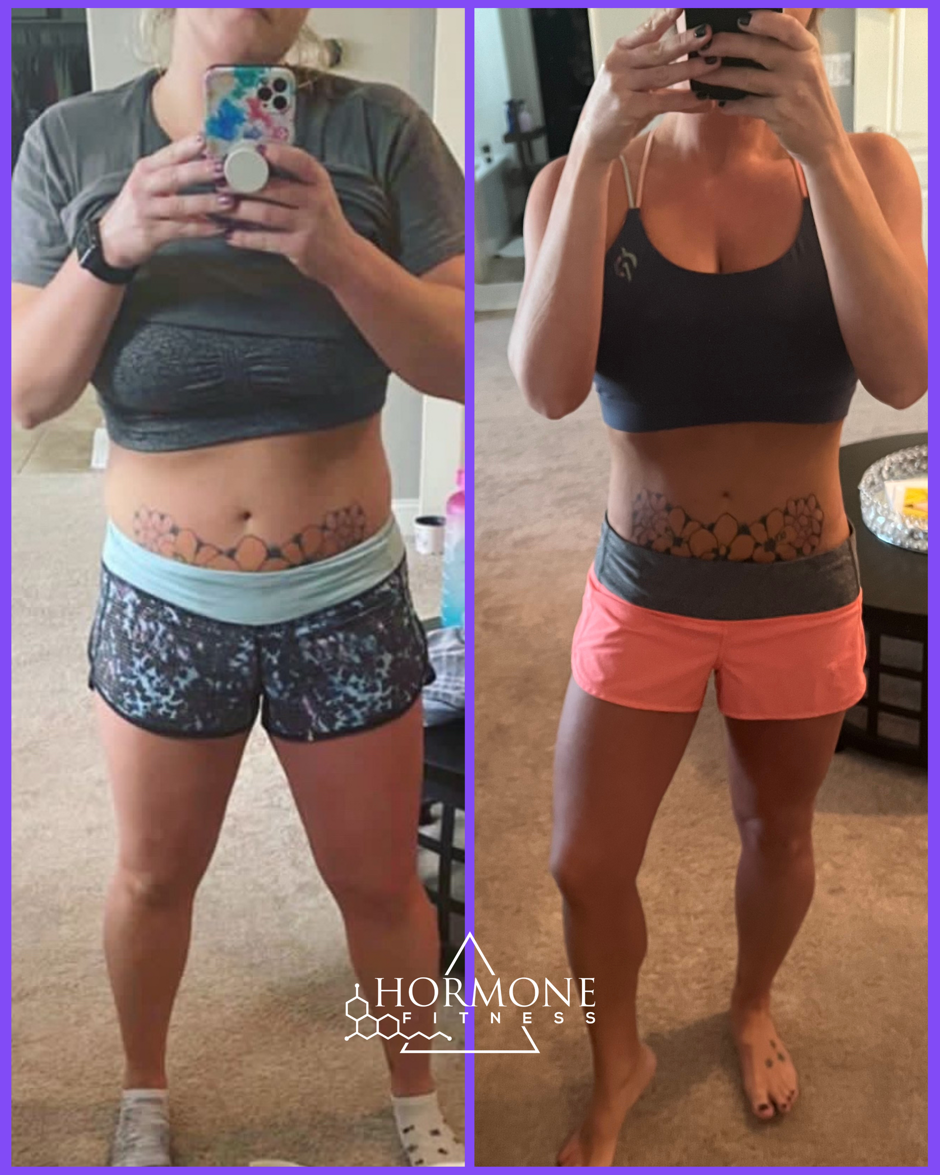 A before and after weight loss transformation of a white woman's waist who has lost weight
