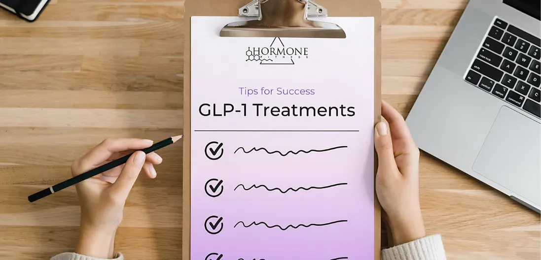 A person is holding a clipboard with a list of glp-1 treatments on it.