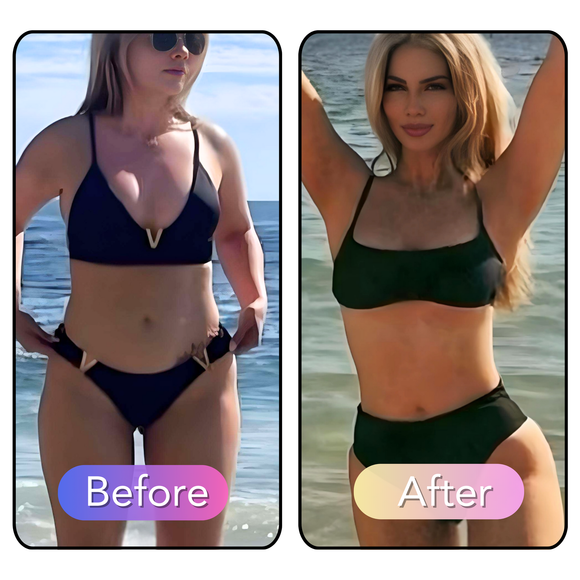 A before and after weight loss transformation of a young white woman in a black bikini who has lost weight