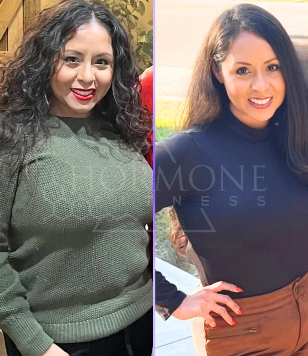 A before and after photo of a woman in a green sweater and a black shirt who lost weight with Semaglutide treatments.