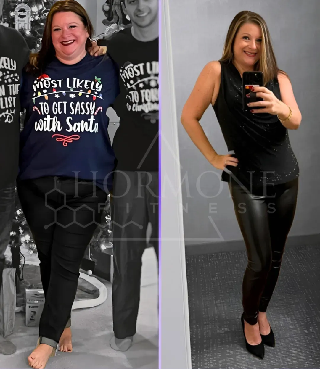 Two images in a collage showing the weight loss transformation of a middle aged white woman. 