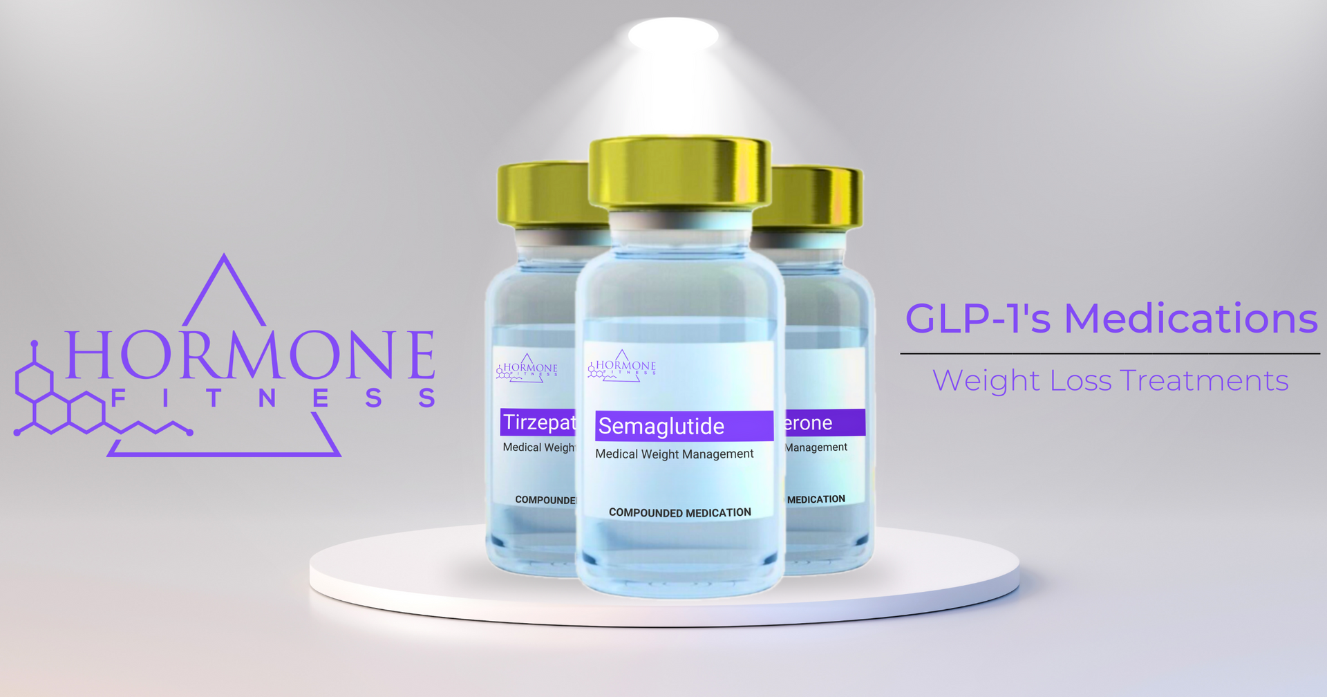 Three vials of GLP-1 medications on a podium.