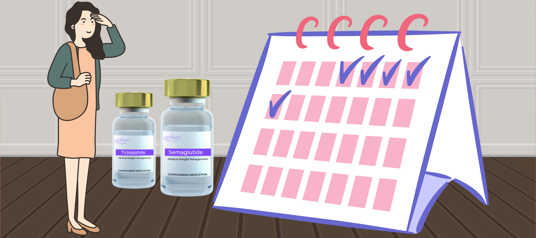 A woman is standing next to two vials of GLP-1 medications and a calendar.