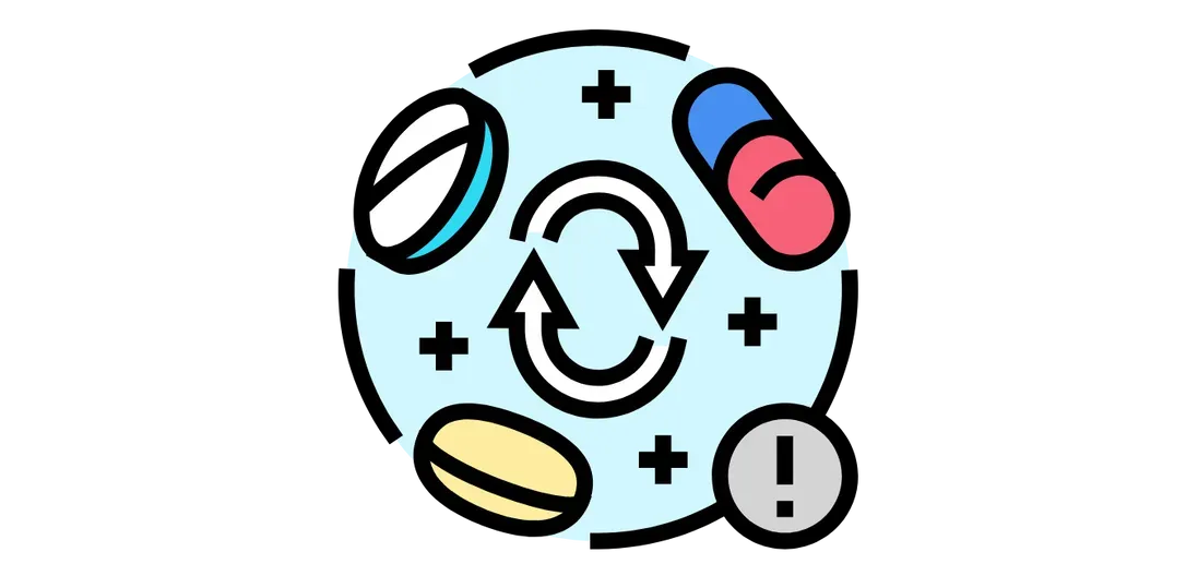 A cartoon illustration of a circle of pills and arrows.