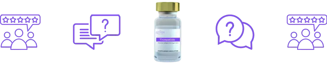 A vial of Tirzepatide next to a group of people with speech bubbles and a question mark.