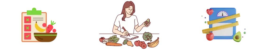 A woman is sitting at a table surrounded by fruits and vegetables.