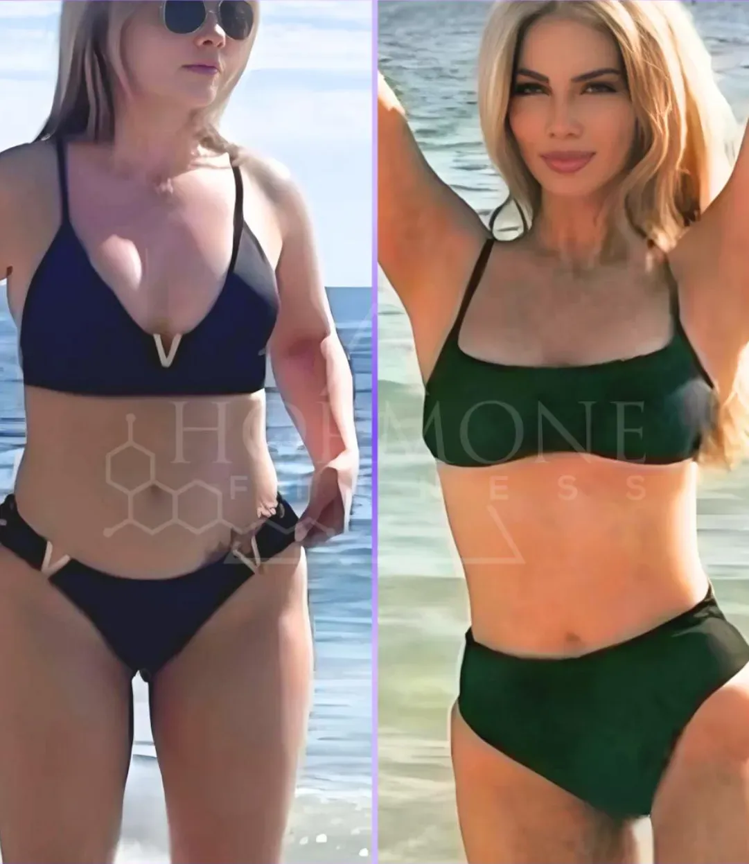 A before and after weight loss transformation of a young white woman in a black bikini who has lost weight