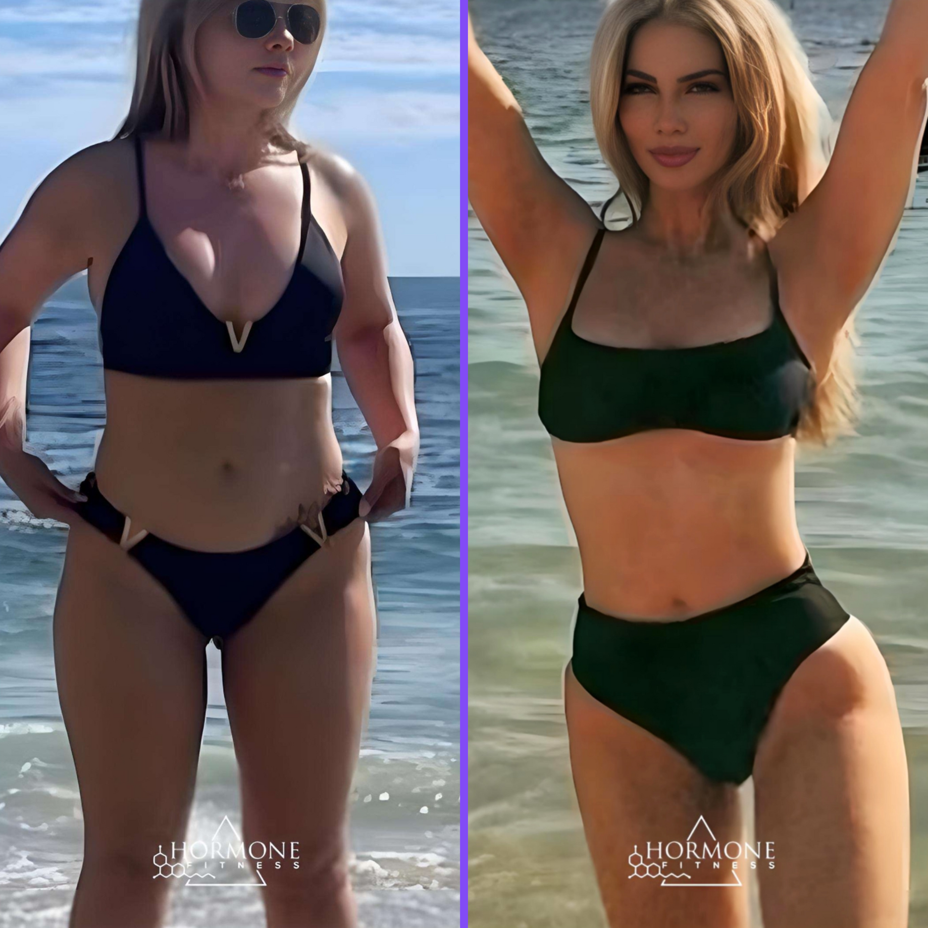 A before and after weight loss transformation of a young white woman in a black bikini who has lost weight