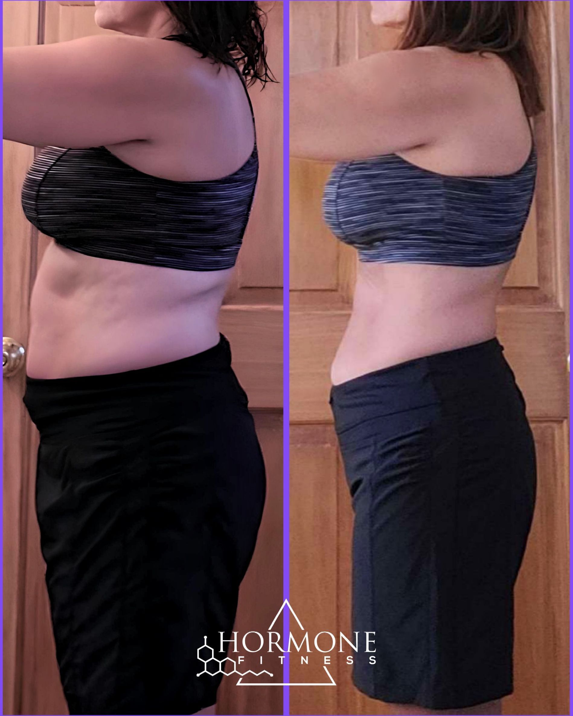 A before and after weight loss transformation taken at a side angle of a white woman's waist in front of a brown door