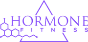 A purple logo for hormone fitness with a triangle and a chemical structure.