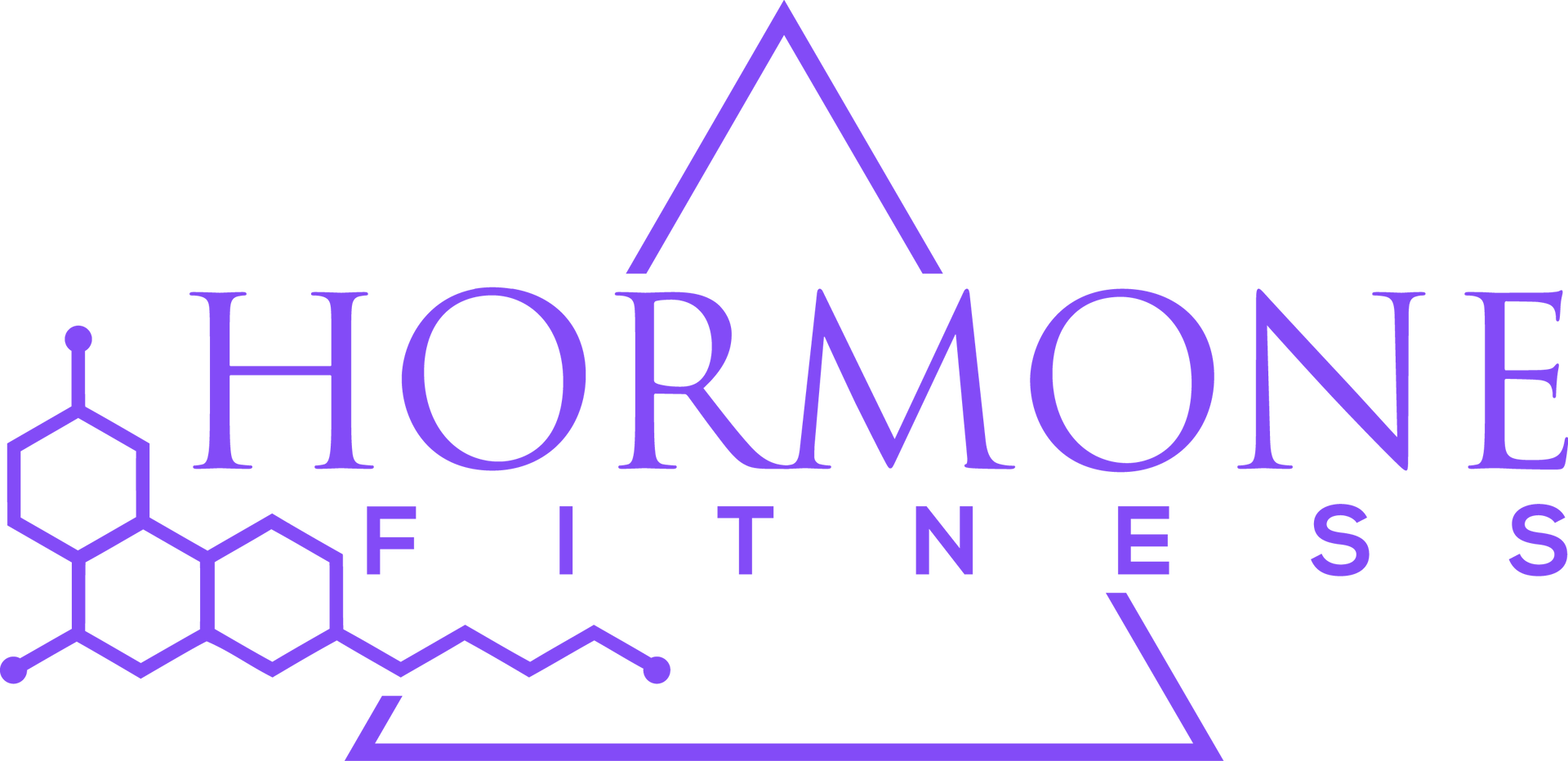 A purple logo for hormone fitness with a triangle and a chemical structure.