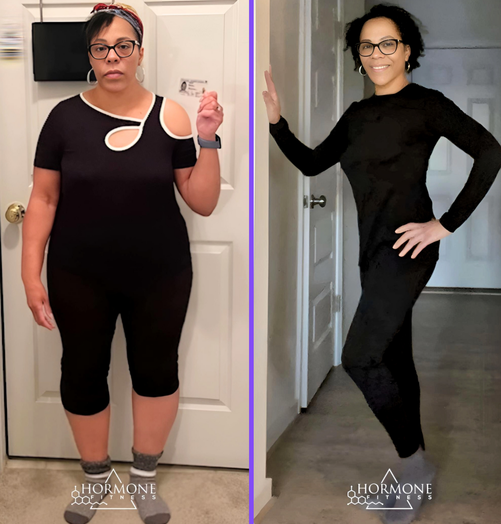 A before and after weight loss transformation of a middle aged black woman wearing black clothes