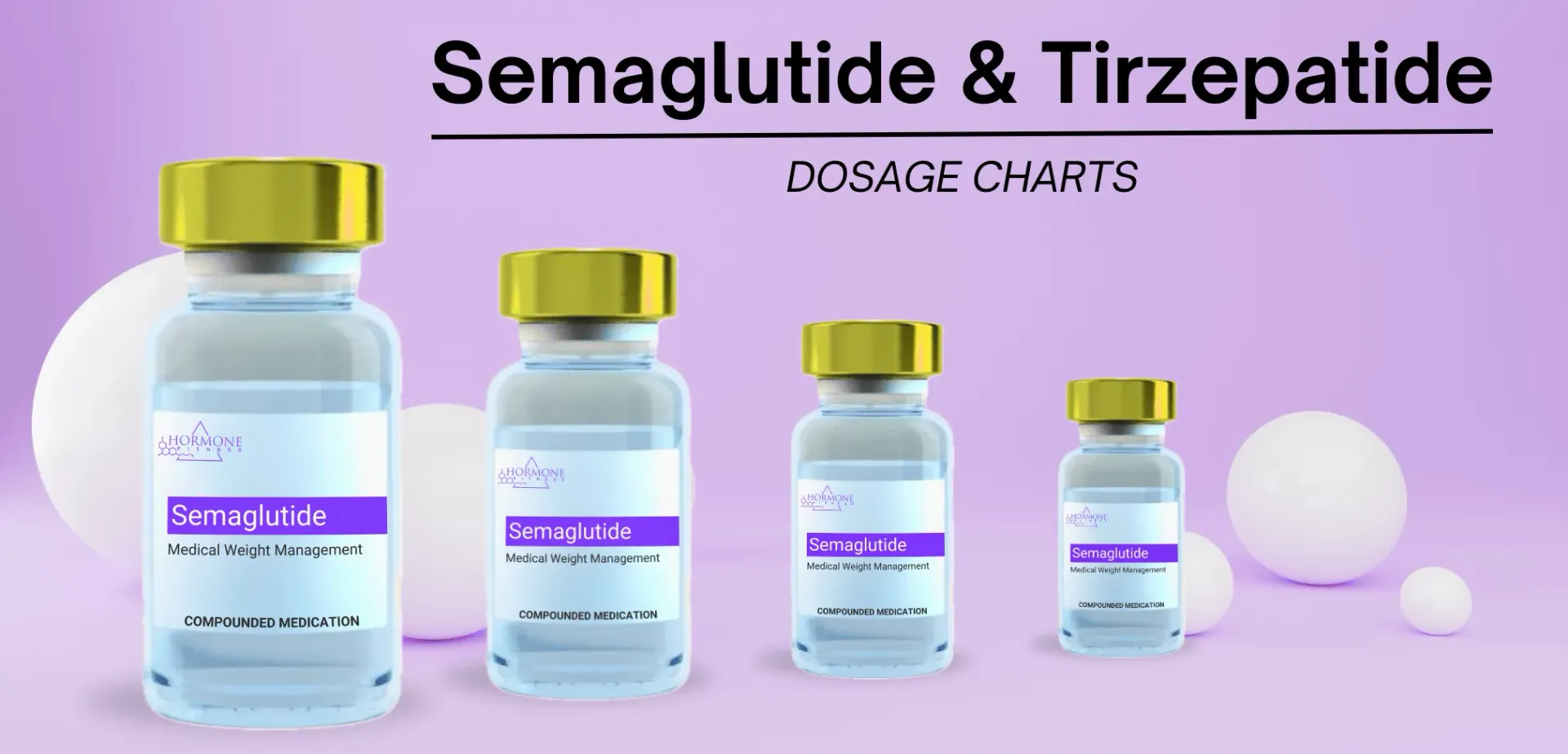 A group of Semaglutide and Tirzepatide vials on a purple background.