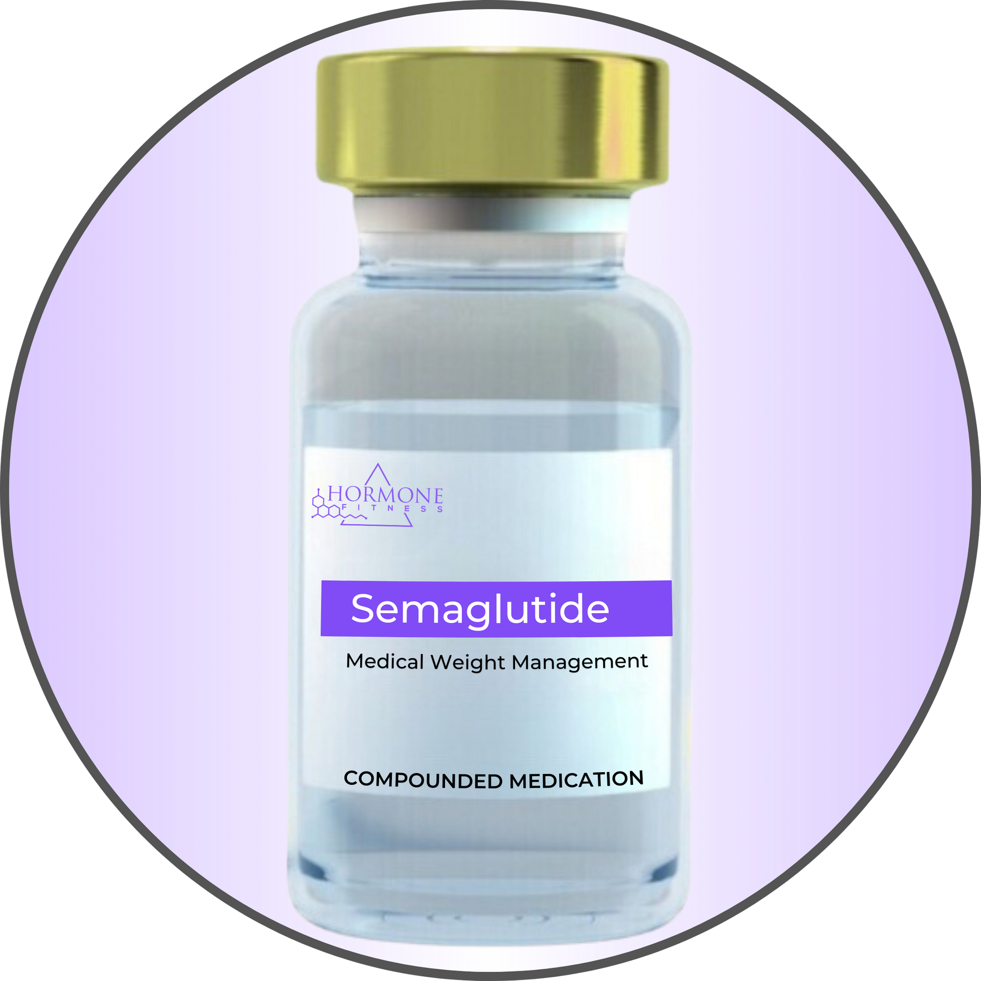 A vial of semaglutide on a purple background