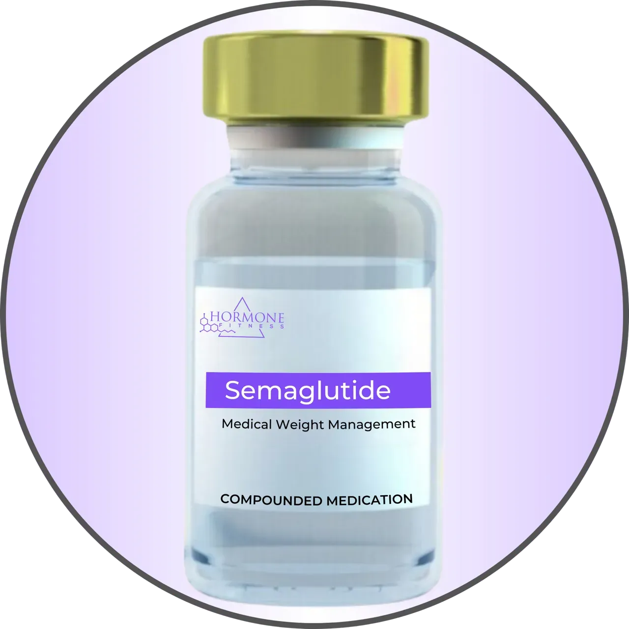 A vial of Semaglutide weight loss medication by Hormone Fitness on a gradient purple background.