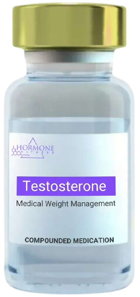 A vial of testosterone is shown on a white background.