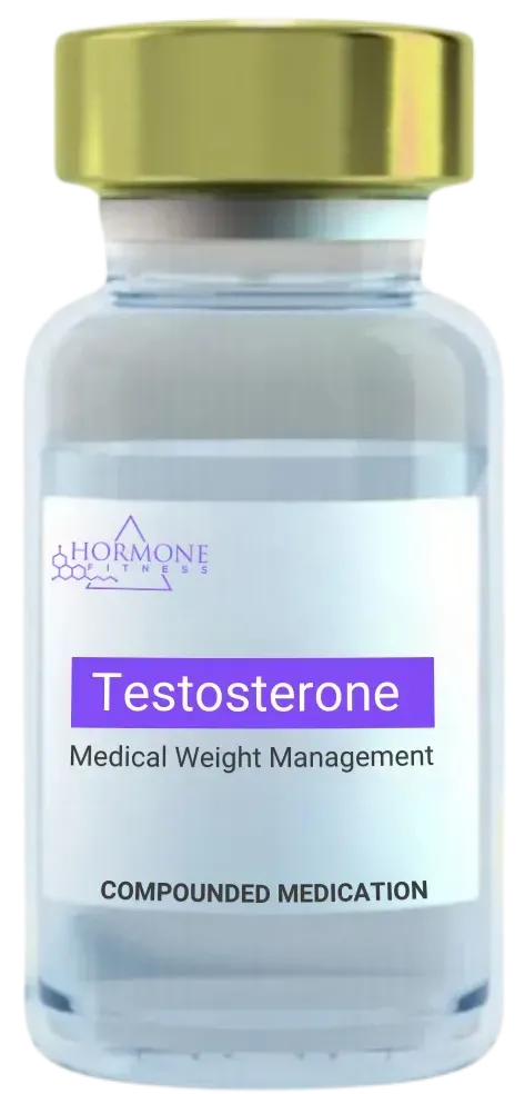 A vial of testosterone is shown on a white background.