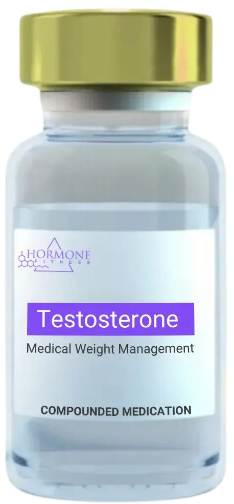 A vial of testosterone is shown on a white background.