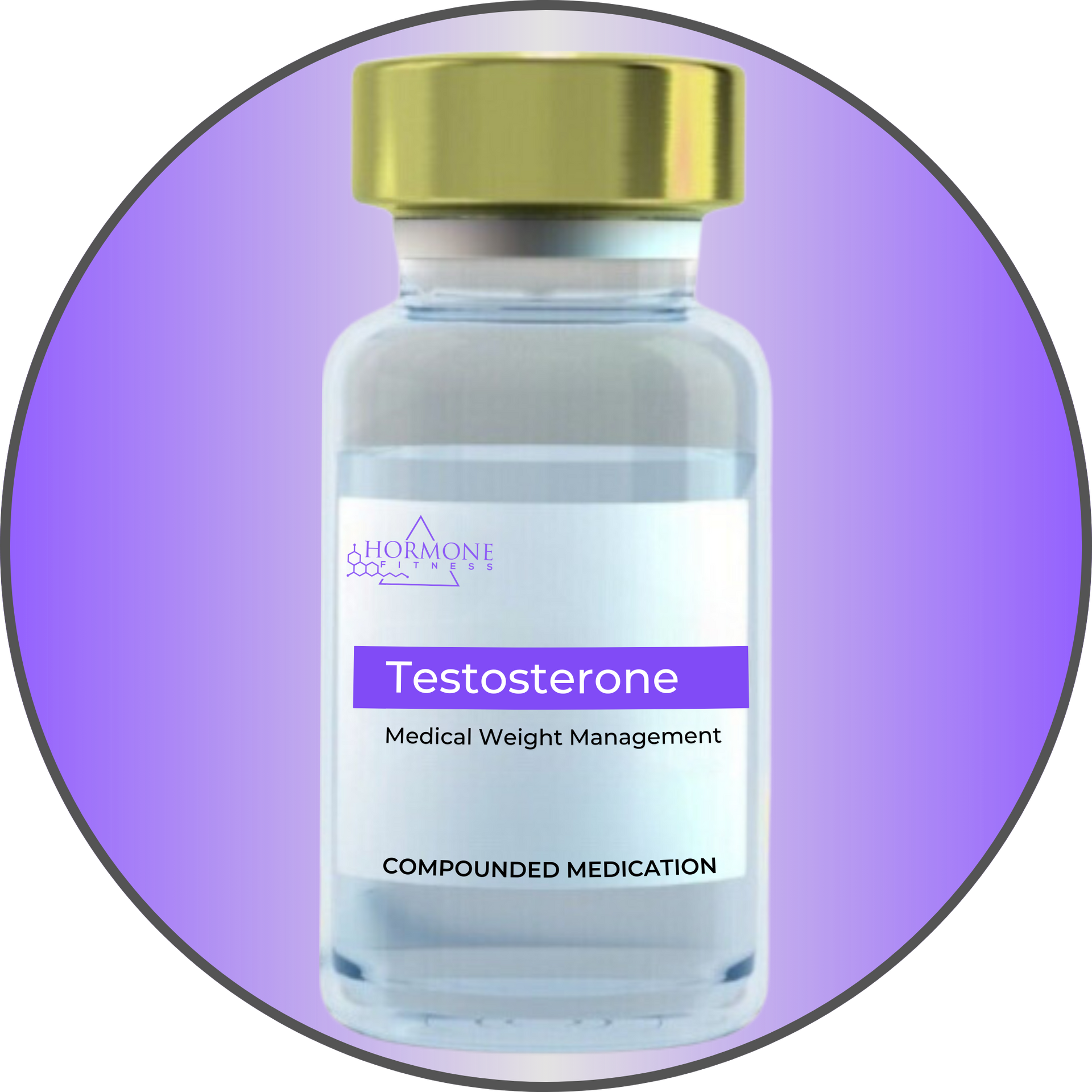 A vial of testosterone compounded weight loss medication on a purple background