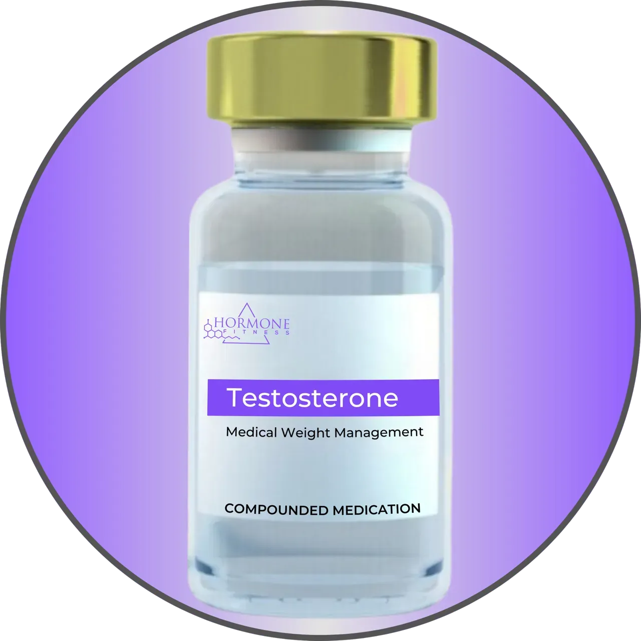 A vial of Testosterone medication by Hormone Fitness on a gradient purple background.